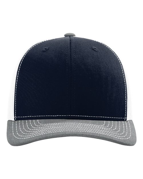 Navy baseball cap with gray underbrim and white piping, stitched crown eyelets.