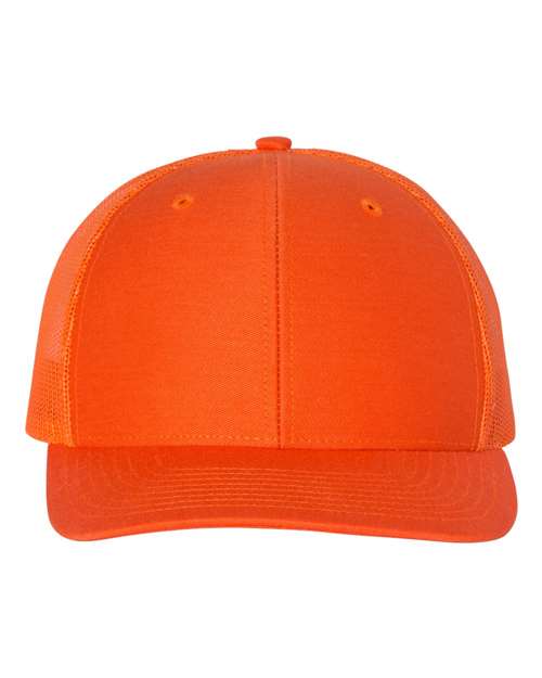 Orange trucker cap with matching orange front and brim; low-profile mesh sides