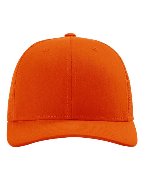 Bright orange baseball cap with curved brim and stitched crown eyelets.