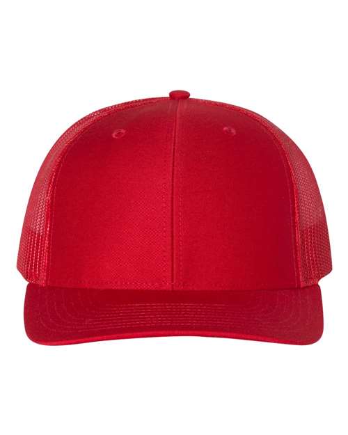 Red baseball cap with red mesh sides and stitched curved brim