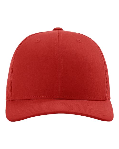 Red baseball cap, structured 6-panel crown, button top, curved brim with stitched paneling
