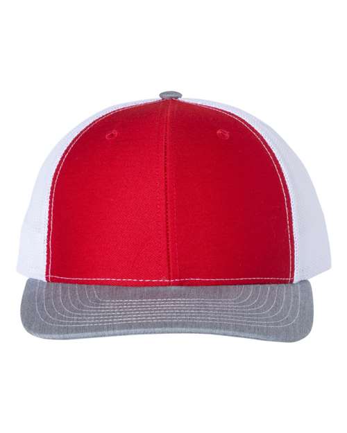 Trucker cap with red front panels and gray mesh sides, with gray curved brim