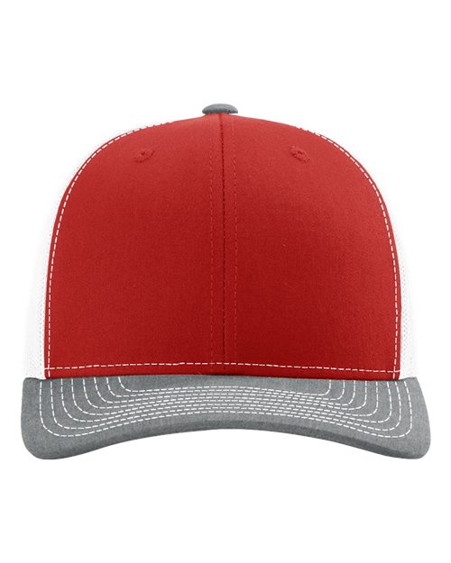 Red baseball cap with light gray contrast brim, stitched 6-panel crown and button top