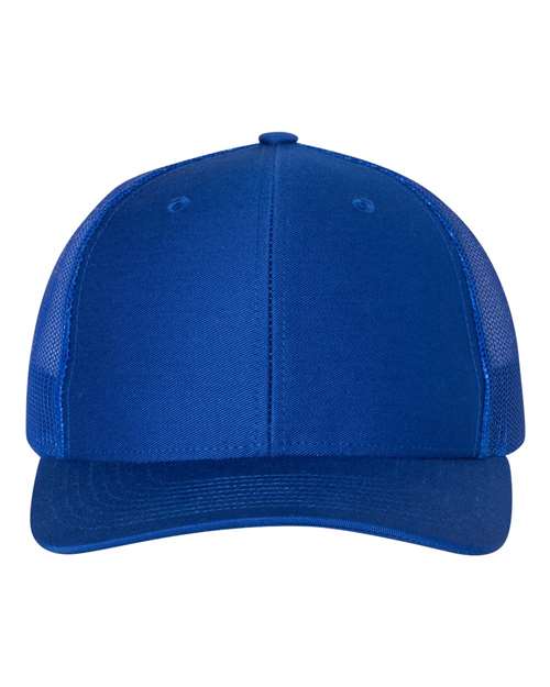 Trucker cap with royal blue front and matching blue mesh back, blue curved brim