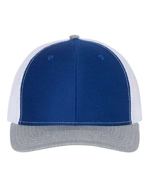 Trucker cap with navy front panels, gray mesh sides, and gray curved brim