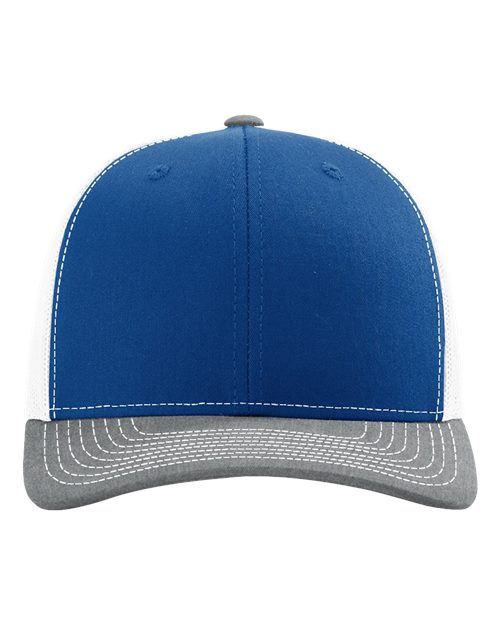 Blue baseball cap with light gray contrast brim and white stitching, button top and curved visor