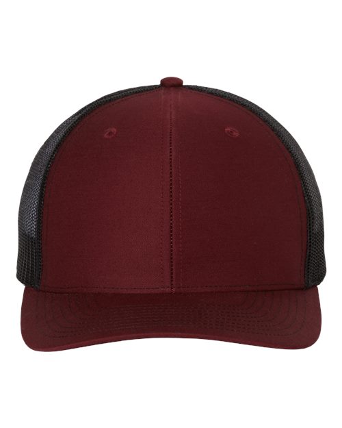 Burgundy baseball cap with black mesh back and matching stitched curved brim.