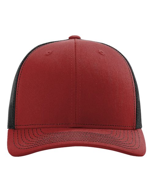 Two-tone baseball cap with red crown, black side panels, and curved brim
