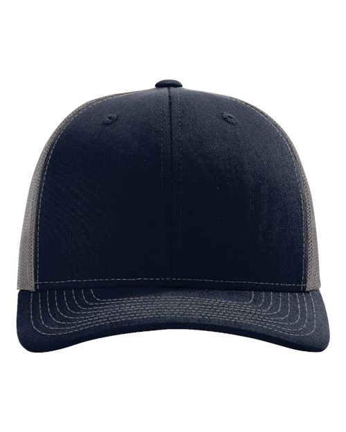 Baseball cap in navy with gray contrast brim and stitched trim.
