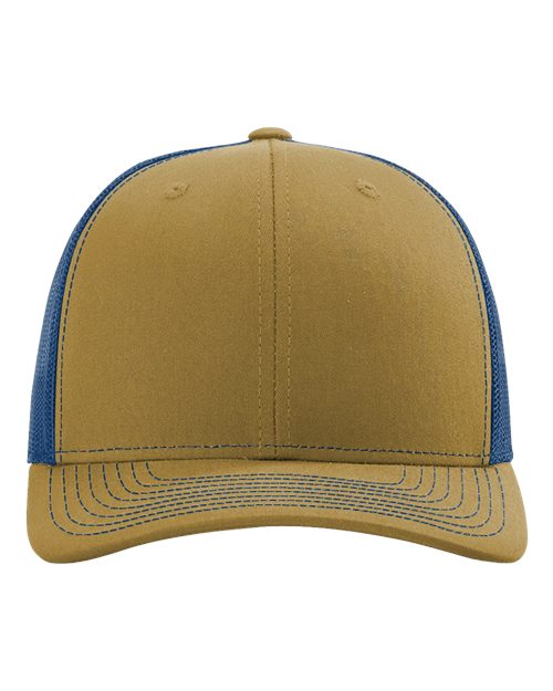 Two-tone trucker cap with tan front panels and blue mesh sides