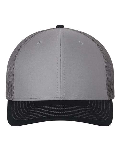 Two-tone trucker hat with light gray front, dark mesh sides, and black curved brim