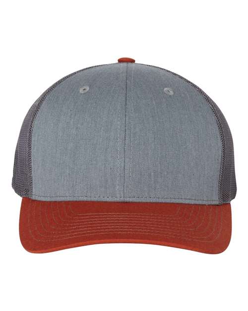 Two-tone trucker hat with heather gray front, gray mesh sides, and red curved brim