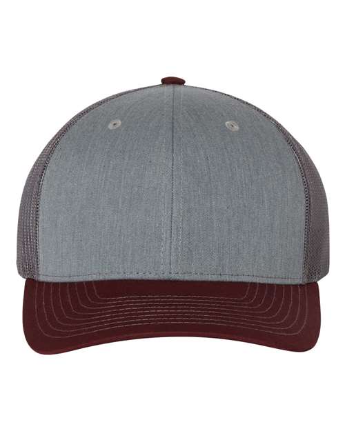 Two-tone trucker hat with heather gray front, dark gray mesh sides, and maroon curved brim