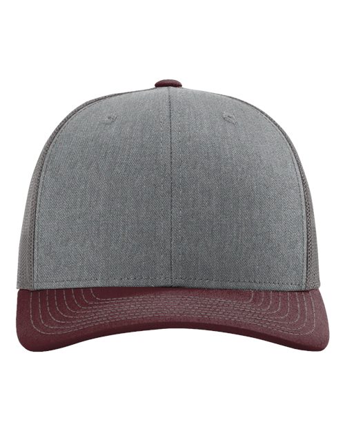 Heather gray baseball cap with maroon patterned brim and small front ventilation eyelets.
