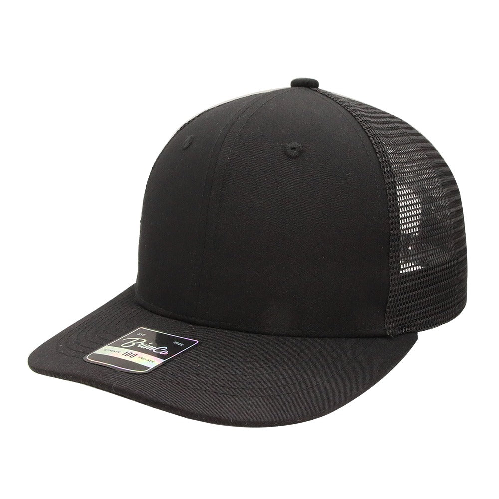 Black Brimco 100 trucker hat featuring a structured front panel with matching black mesh back, designed for breathable comfort, lightweight wear, and everyday casual or active use.
