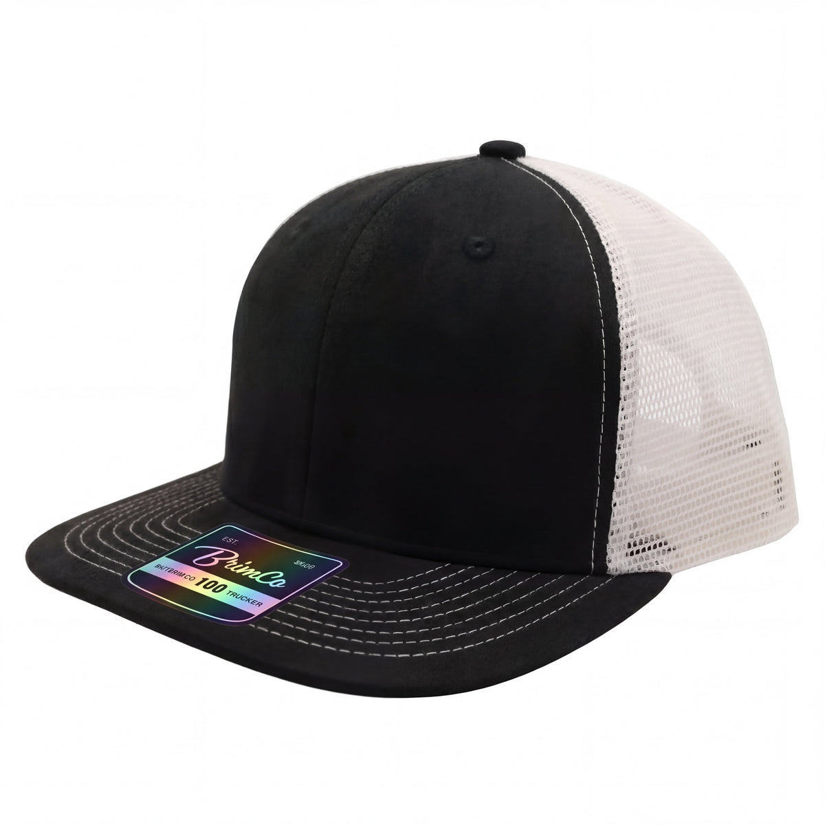 Black Brimco 100 trucker hat with a structured front panel and white mesh back, designed for breathable comfort, lightweight wear, and durable everyday casual or active use.