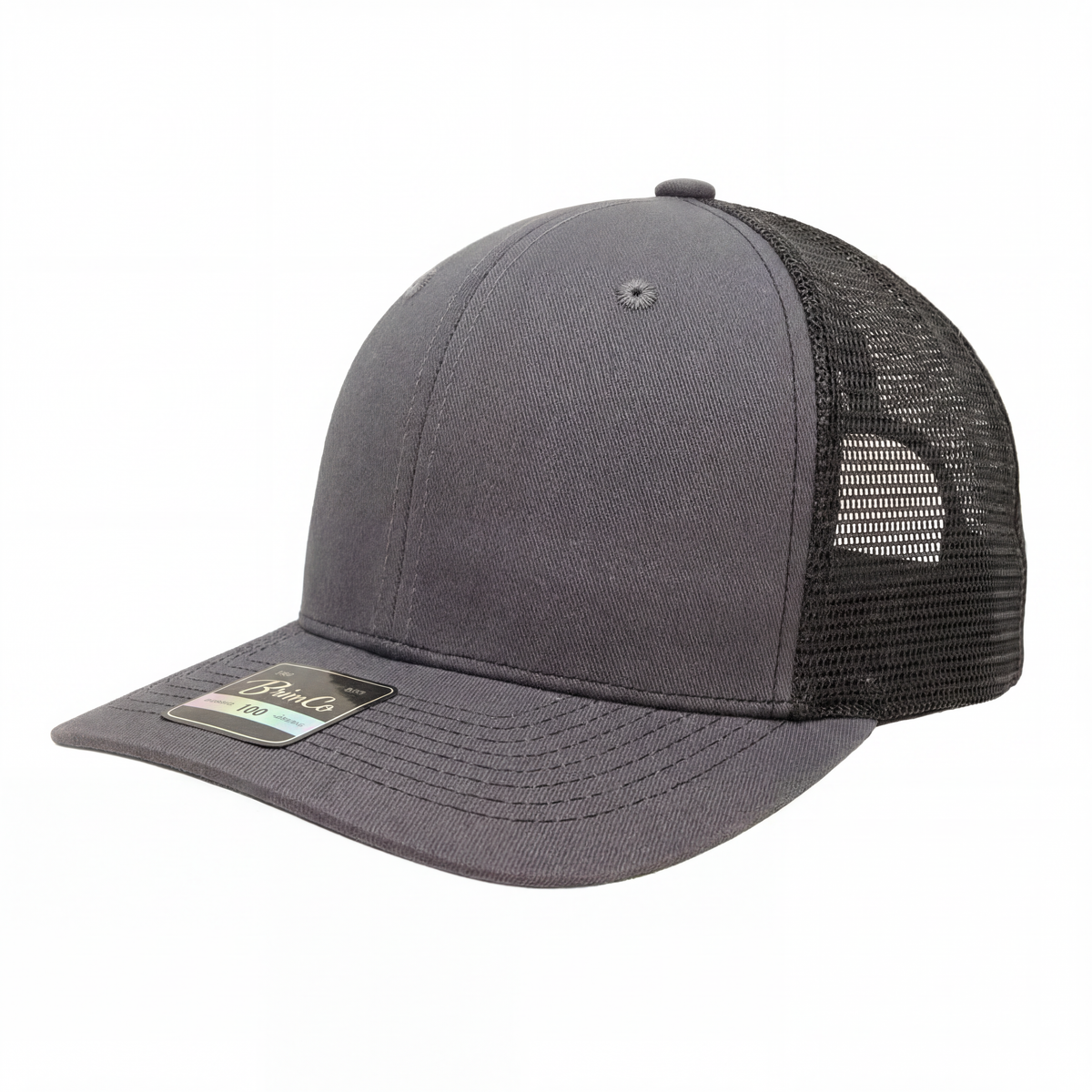 Charcoal Brimco 100 trucker hat with a structured front panel and black mesh back, designed for breathable comfort, lightweight wear, and durable everyday casual or active use.