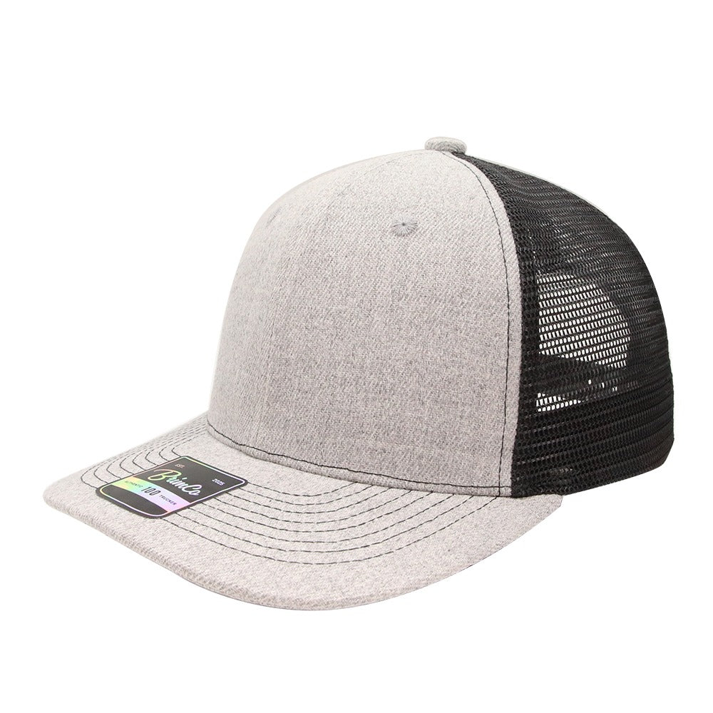 Heather gray Brimco 100 trucker hat with a structured front panel and black mesh back, designed for breathable comfort, lightweight wear, and durable everyday casual or active use.