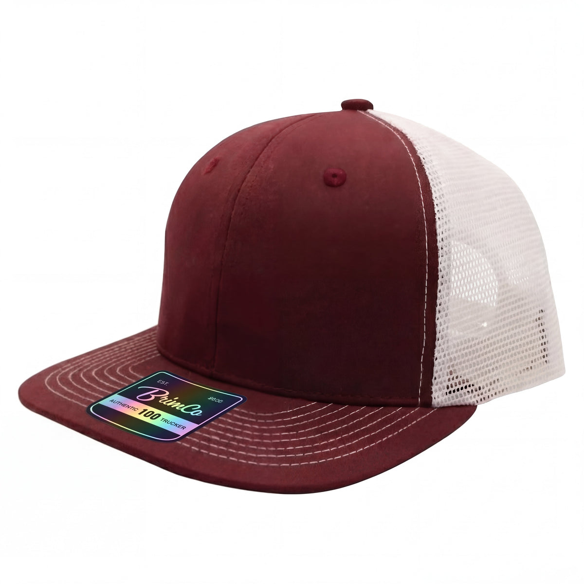 Maroon Brimco 100 trucker hat with a structured front panel and white mesh back, designed for breathable comfort, lightweight wear, and durable everyday casual or active use.