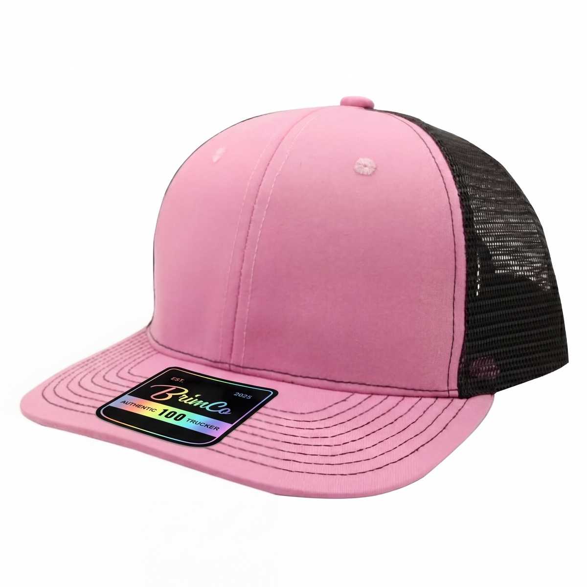 Pink Brimco 100 trucker hat with a structured front panel and black mesh back, designed for breathable comfort, lightweight wear, and durable everyday casual or active use.