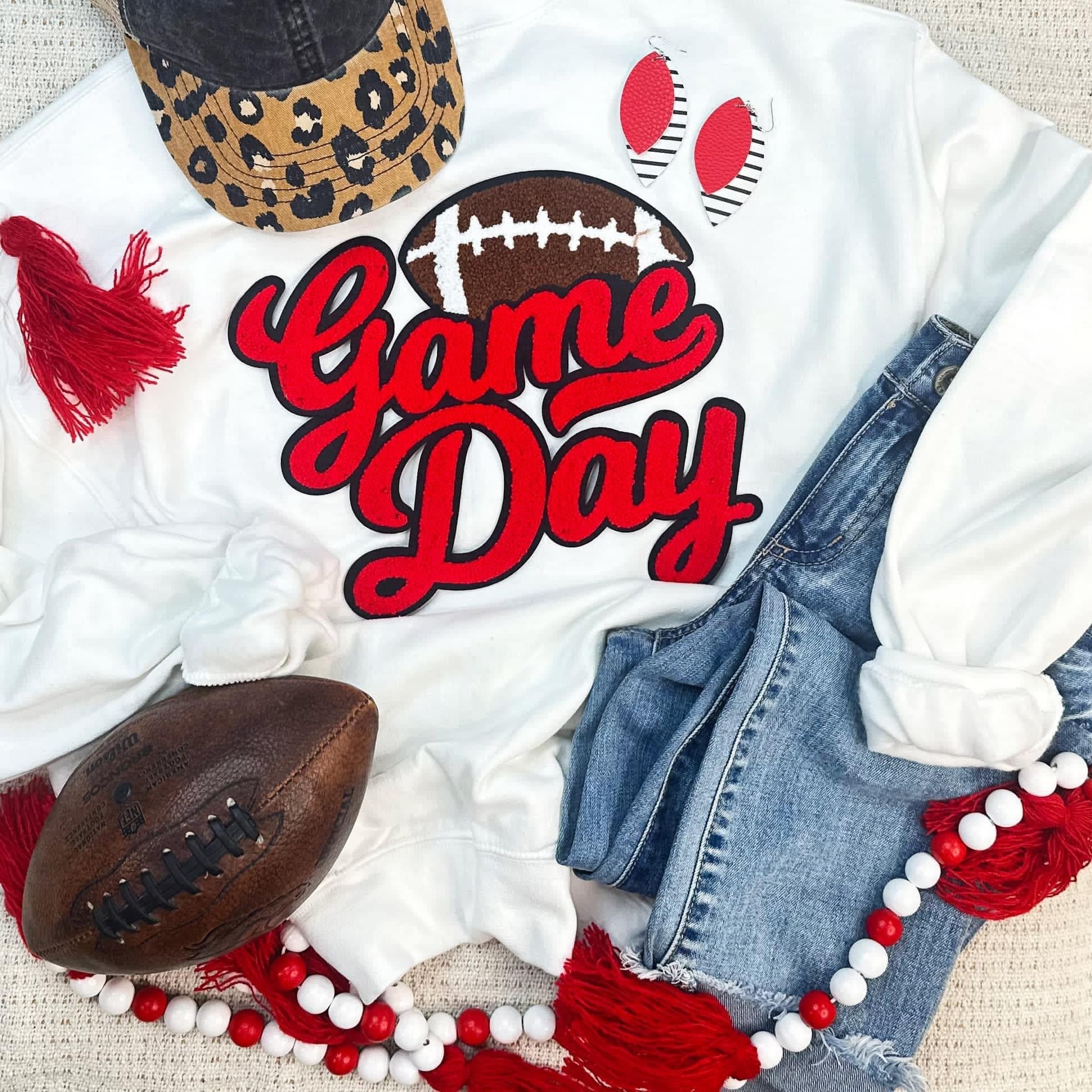 Red Game Day Chenille White Sweatshirt