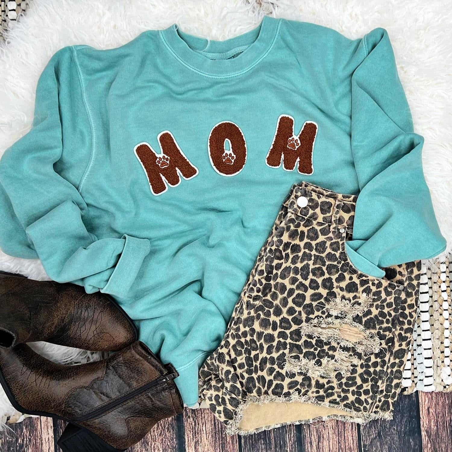 Dog Mom Brown Chenille Patch Aqua Sweatshirt