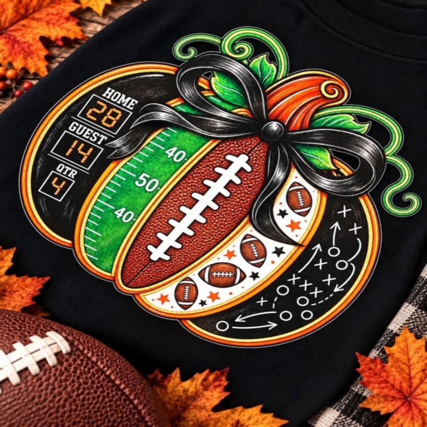 Football Pumpkin Game Day Graphic Tee – Scoreboard & Playbook Design